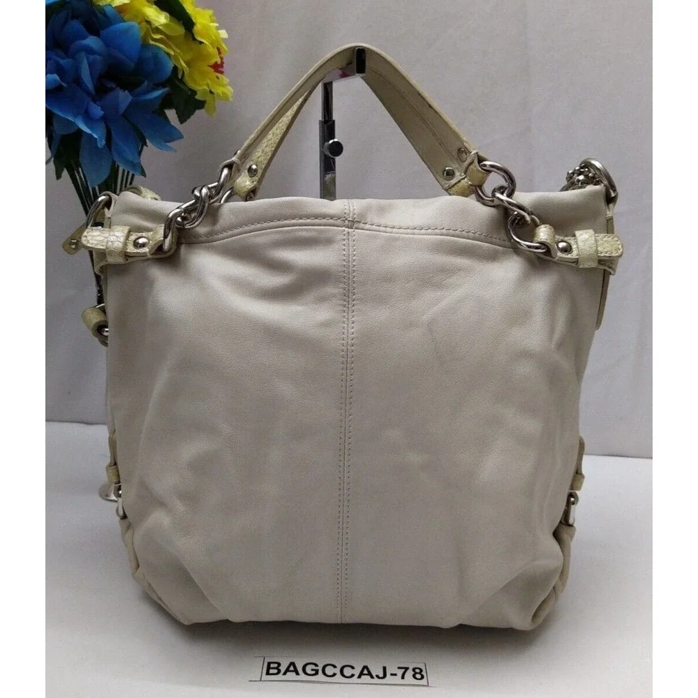 Coach Ivory Soft Leather Snakeskin Detail Zipper Hobo Shoulder Bag